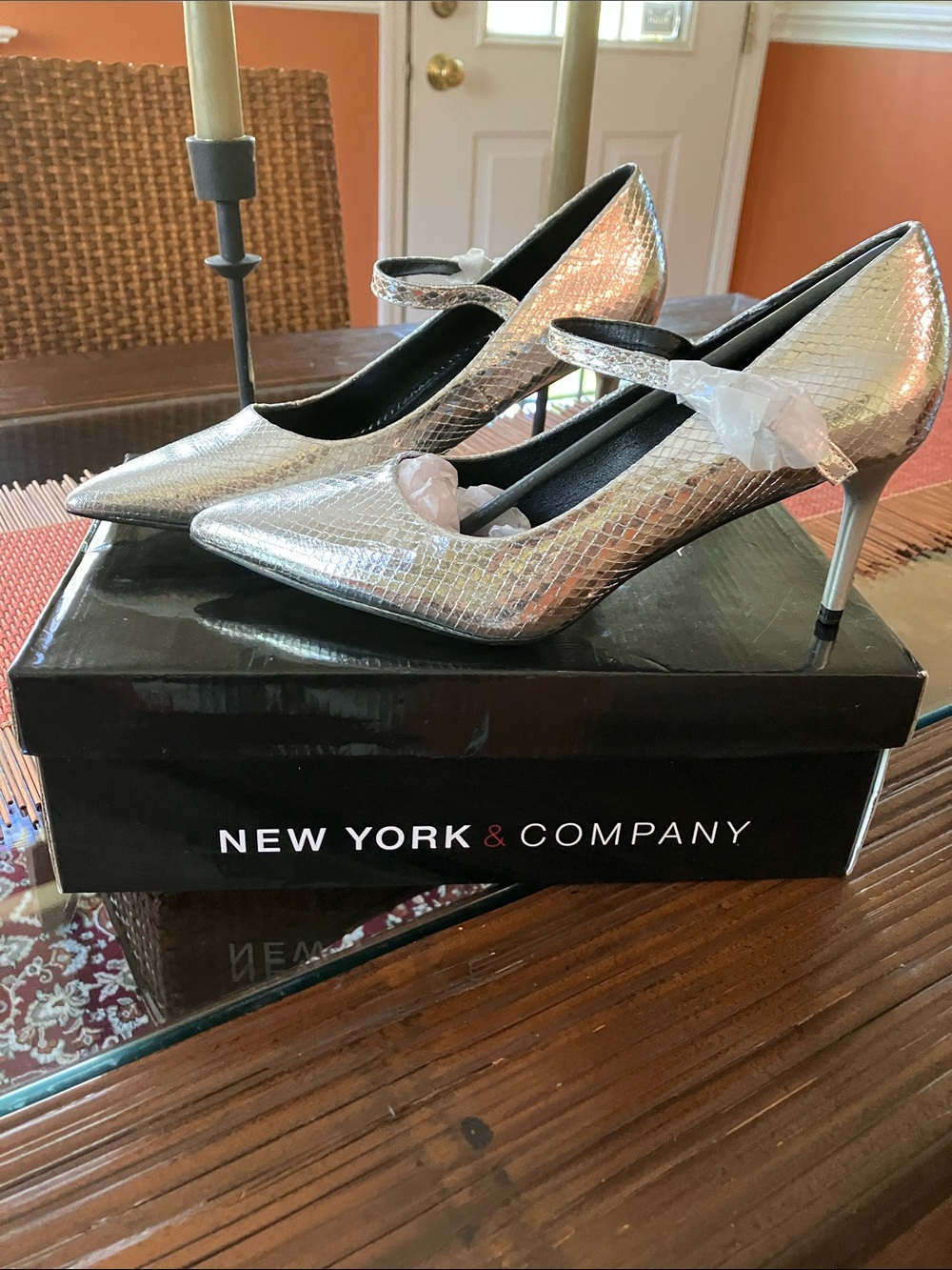 New York & Company Metallic Silver Textured Pointed-Toe Mary Jane Heels